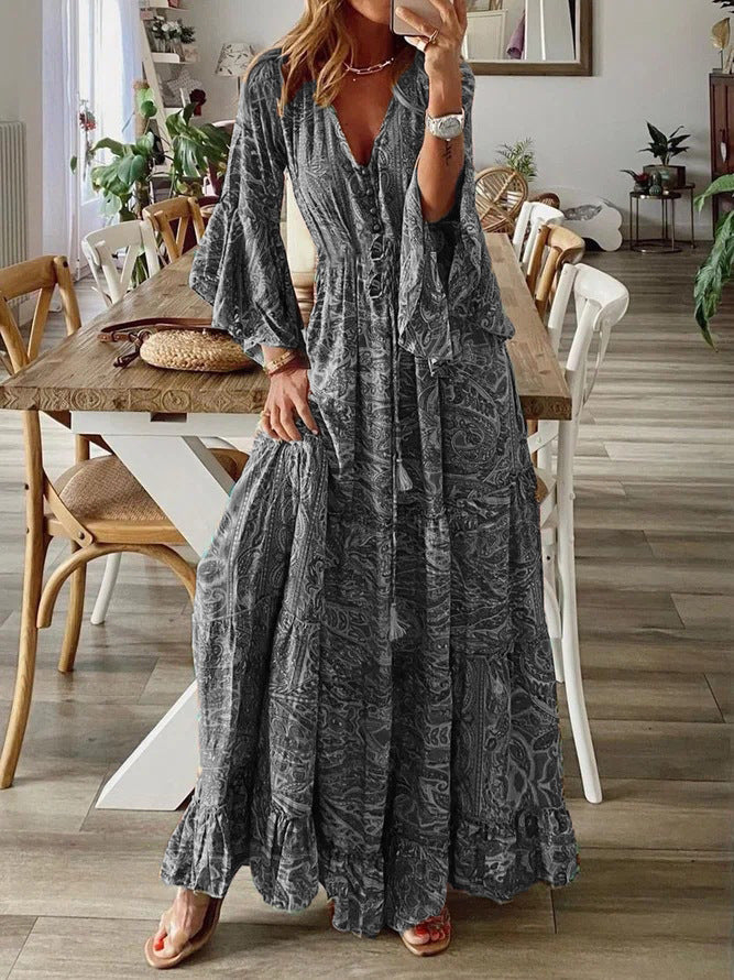 Women’s Deep V-Neck Button Front Bell Sleeves Boho Ruffle Hem Maxi Dress