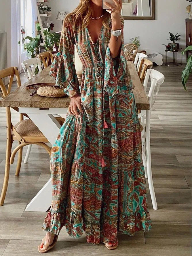 Women’s Deep V-Neck Button Front Bell Sleeves Boho Ruffle Hem Maxi Dress