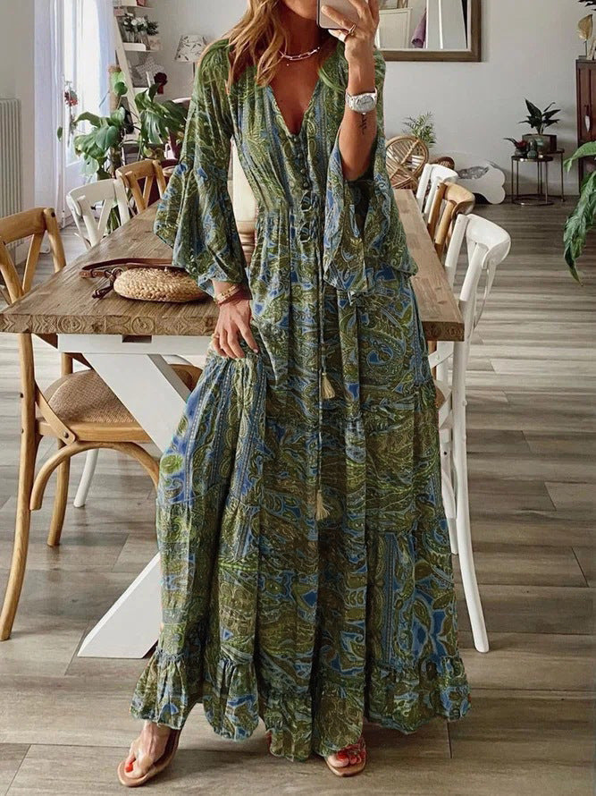 Women’s Deep V-Neck Button Front Bell Sleeves Boho Ruffle Hem Maxi Dress
