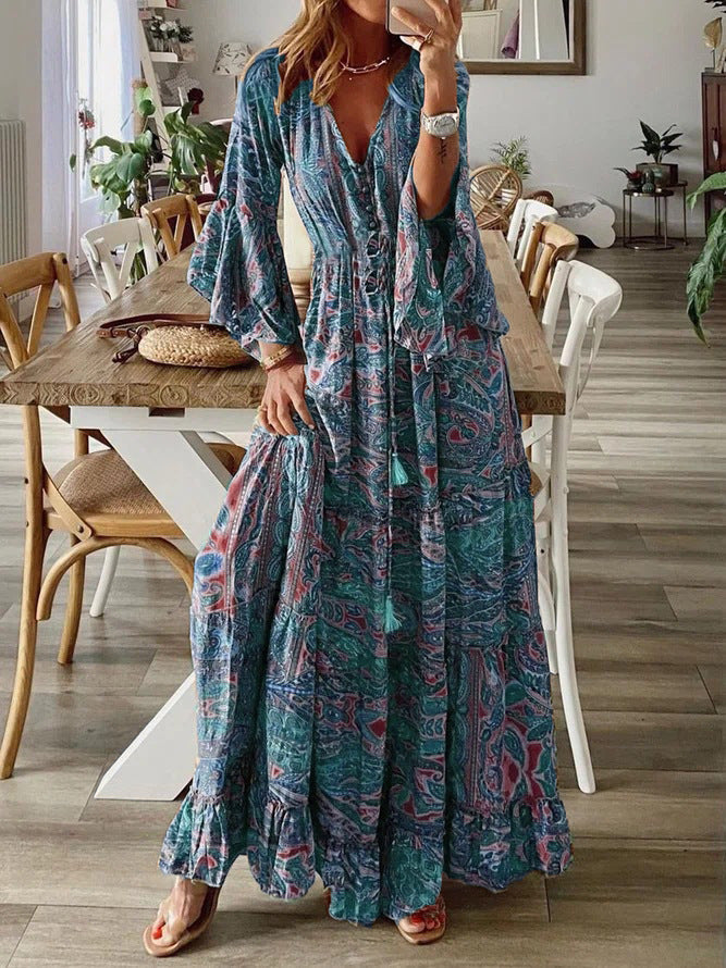 Women’s Deep V-Neck Button Front Bell Sleeves Boho Ruffle Hem Maxi Dress