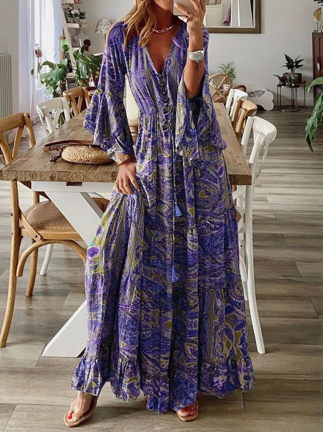 Women’s Deep V-Neck Button Front Bell Sleeves Boho Ruffle Hem Maxi Dress