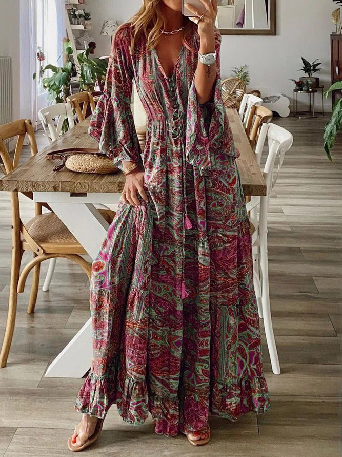 Women’s Deep V-Neck Button Front Bell Sleeves Boho Ruffle Hem Maxi Dress