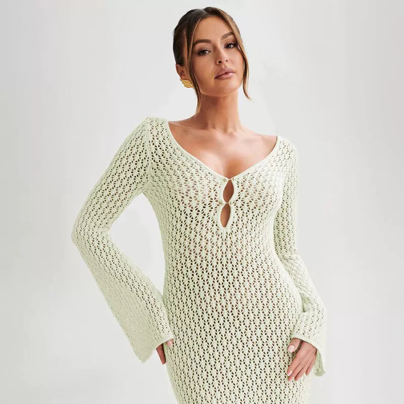 Women’s Lightweight Crochet Open Stitch Long Sleeve Deep V-Neck Knit Maxi Dress