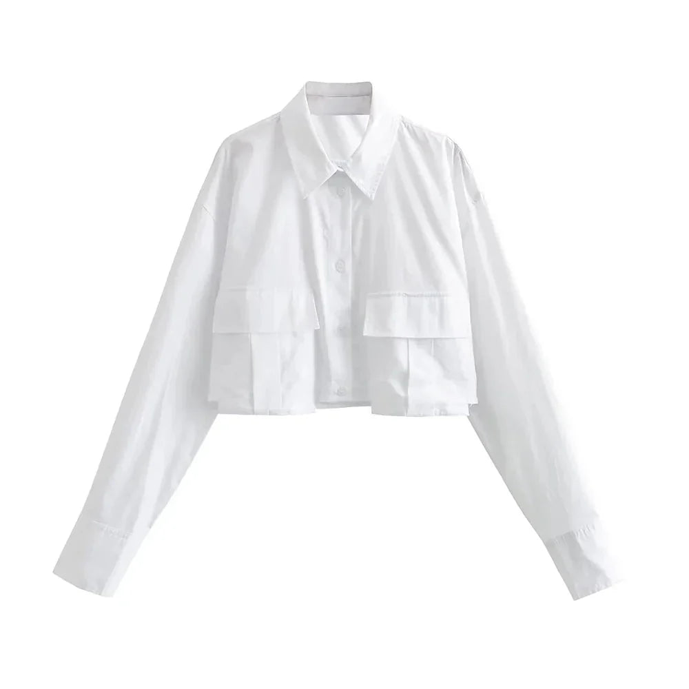 Women's White Blouse Cropped Cotton Long Sleeve
