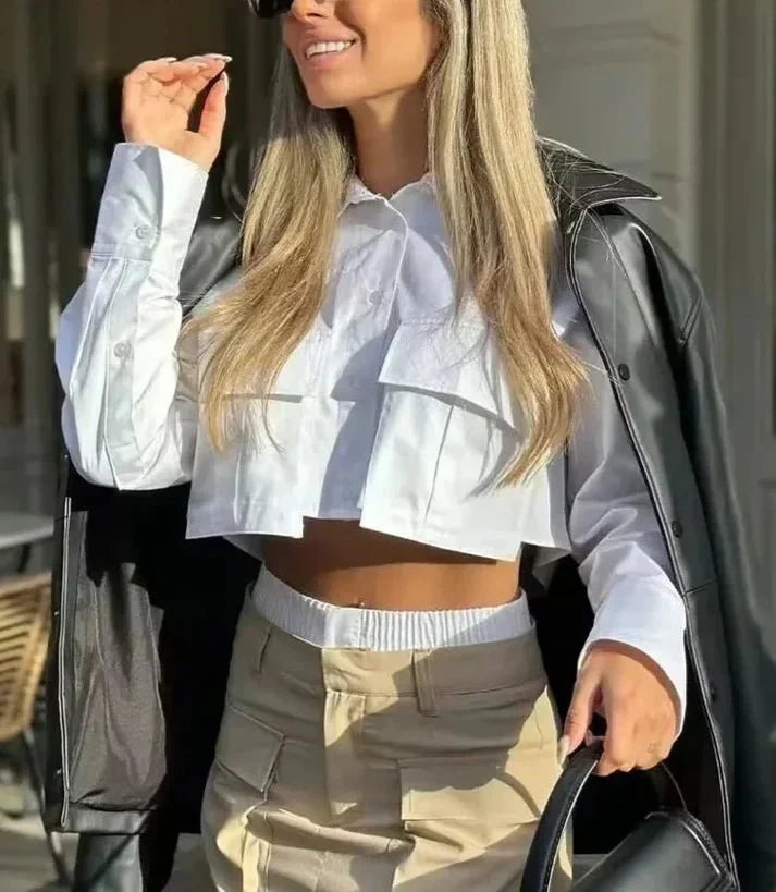 Women's White Blouse Cropped Cotton Long Sleeve