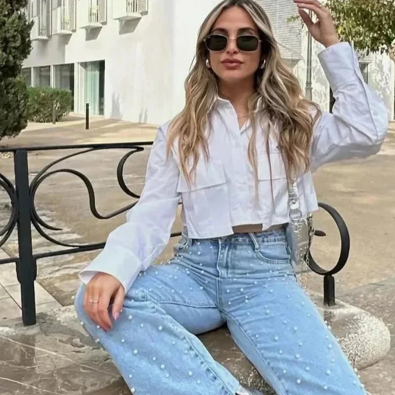 Women's White Blouse Cropped Cotton Long Sleeve