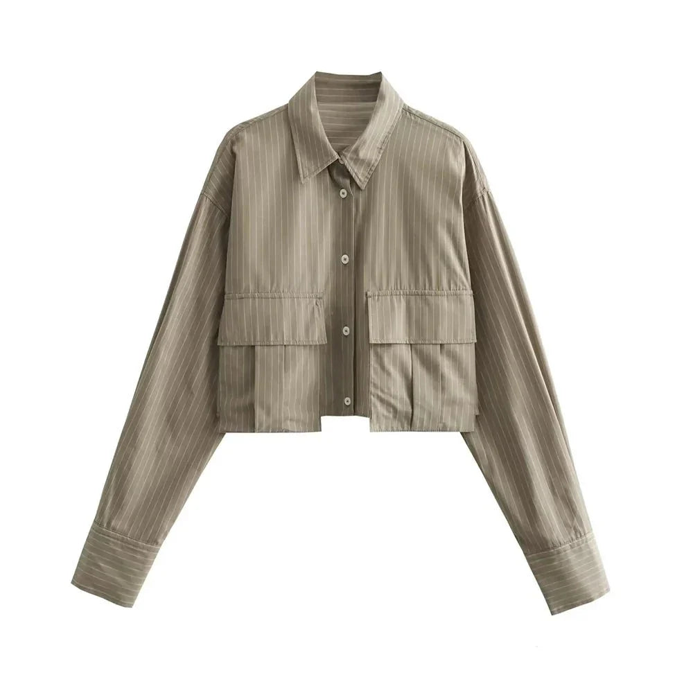 Women's White Blouse Cropped Cotton Long Sleeve