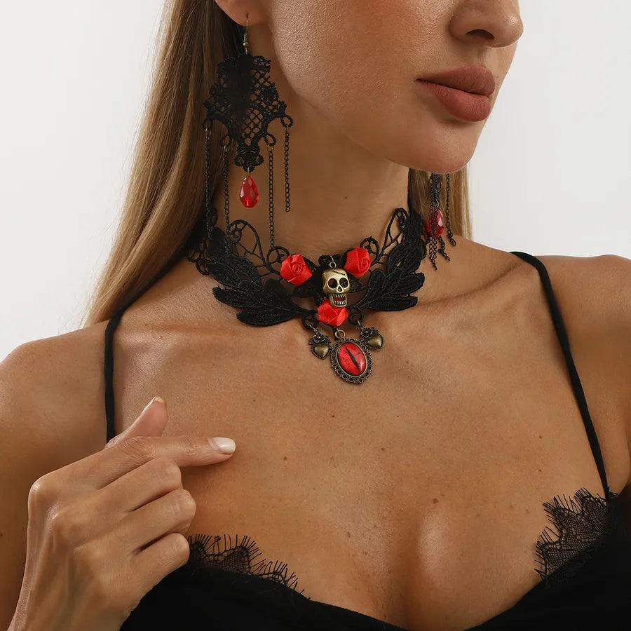 Women's Earrings Black Lace Crystal Floral Jewelry Set