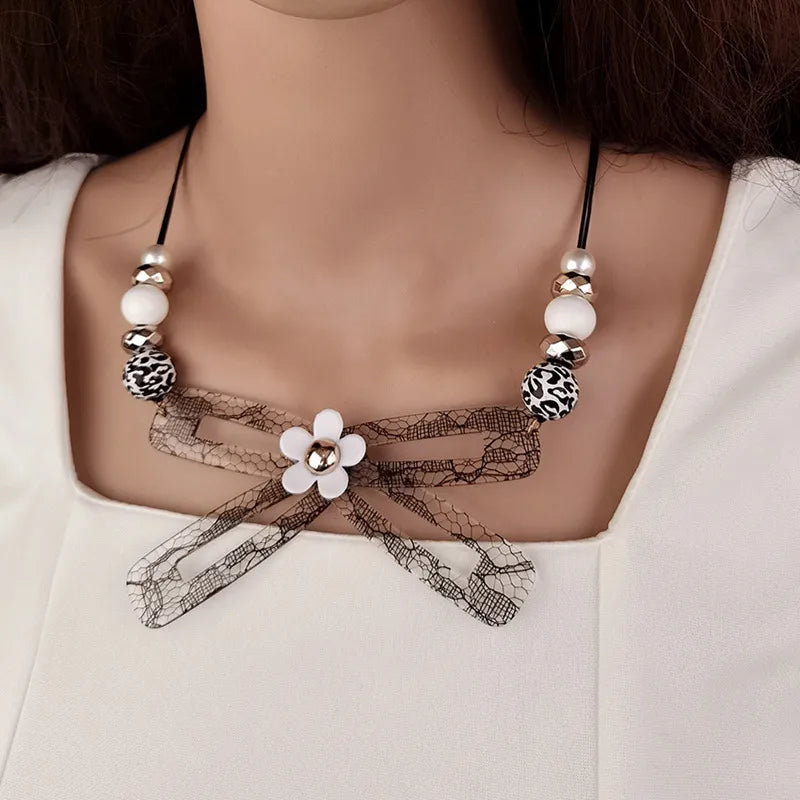 Women's Bow Tie Pendant Necklace Black Acrylic Handmade