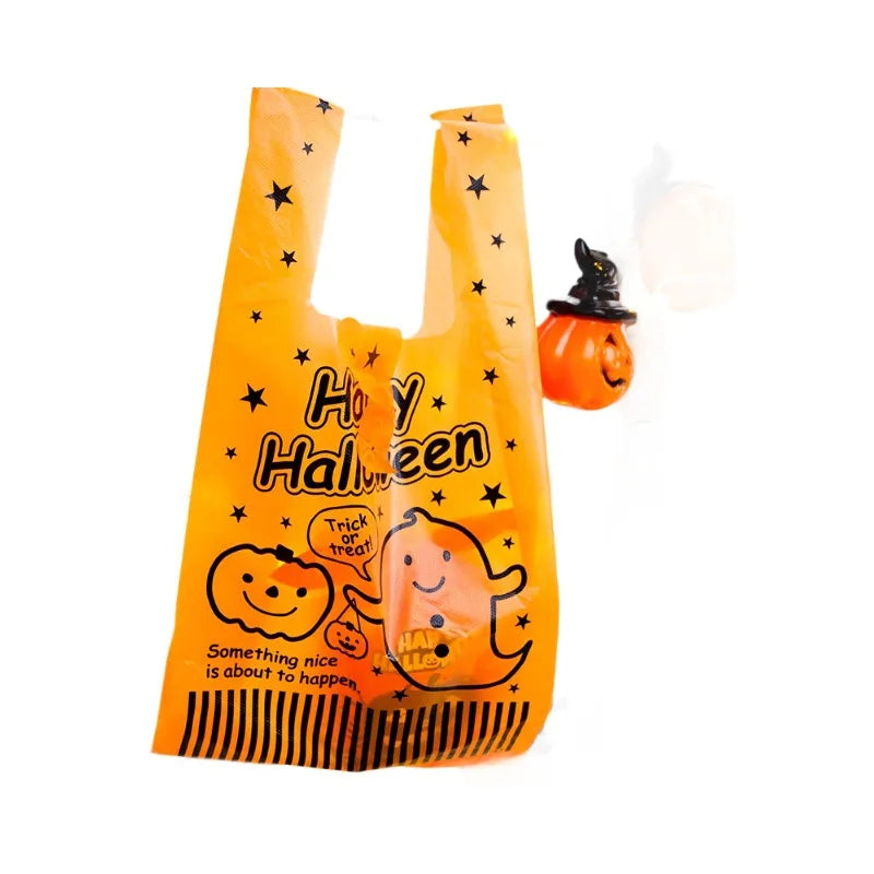 Halloween Treat Bags Pumpkin Shaped Plastic 50pcs for Candy and Snacks