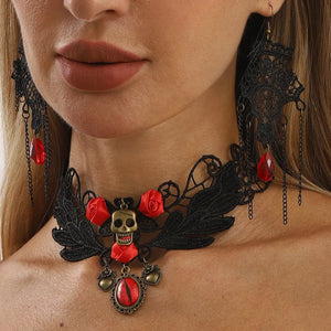 Women's Earrings Black Lace Crystal Floral Jewelry Set