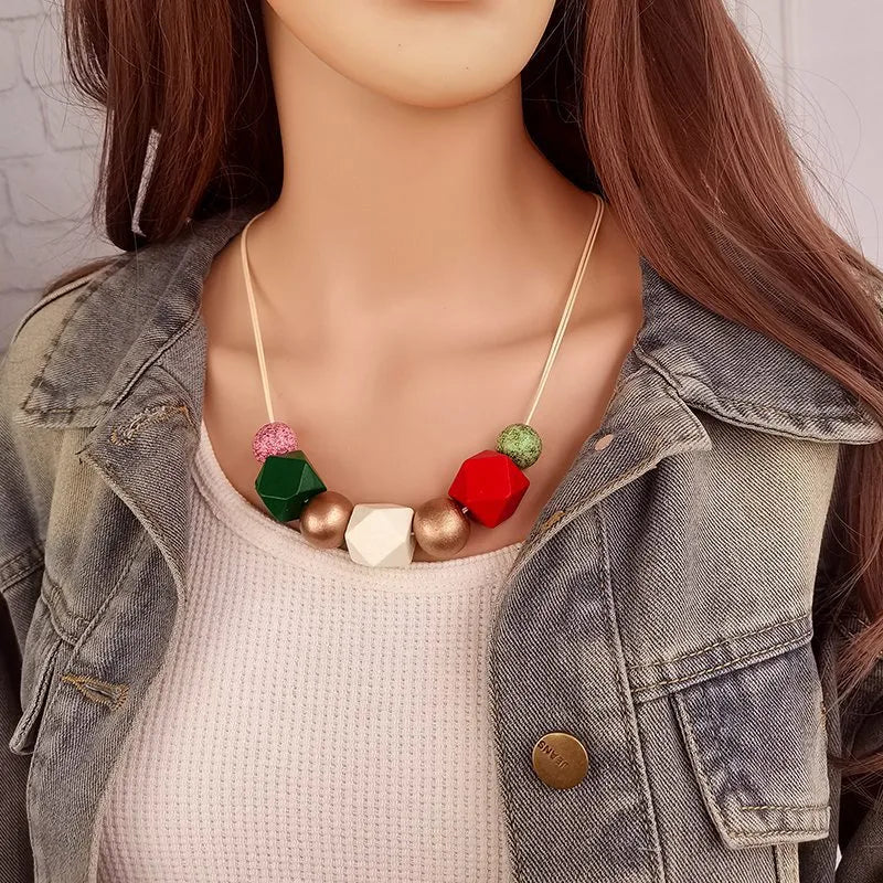 Women's Pendant Necklace Brown Wooden Retro Geometric