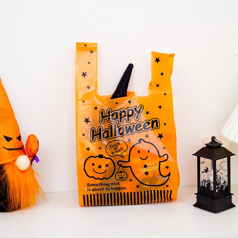 Halloween Treat Bags Pumpkin Shaped Plastic 50pcs for Candy and Snacks