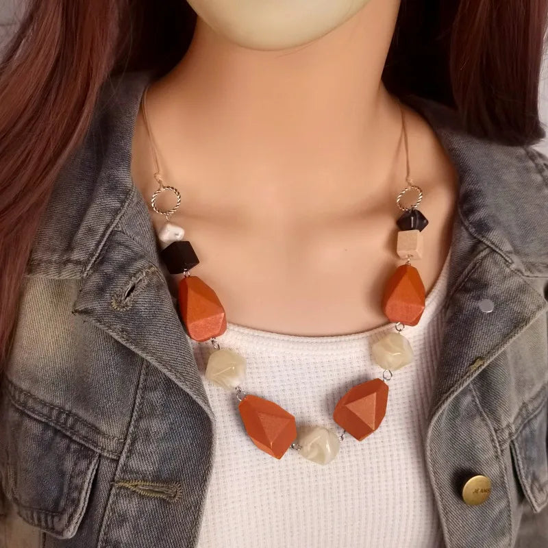 Women's Necklace Geometric Wood Vintage Style