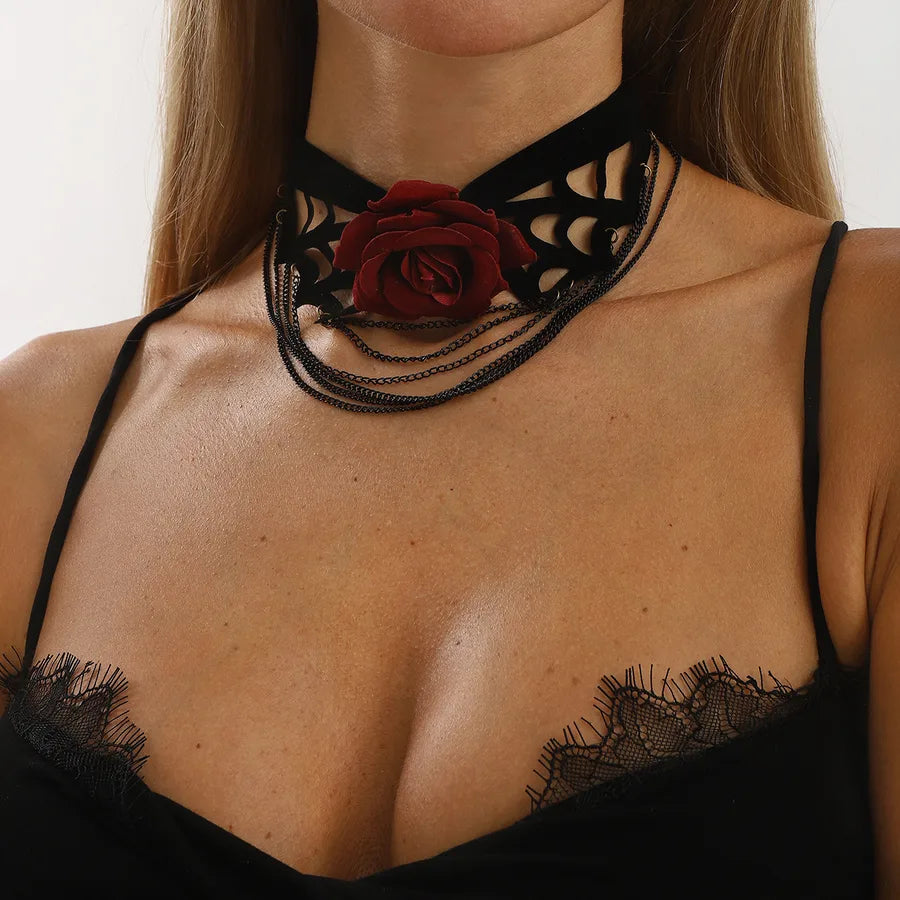Women's Multi-Layer Necklace Black Cloth Bohemian Rose Pattern