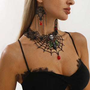 Women's Gothic Jewelry Set Black Lace Skull Spider Web Necklace Earrings