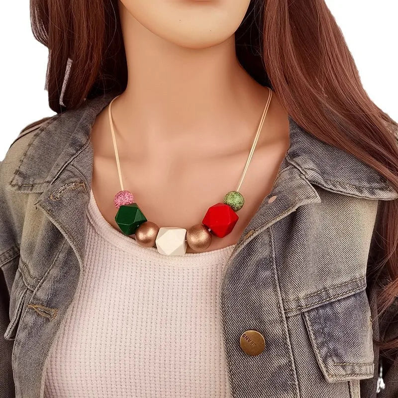 Women's Pendant Necklace Brown Wooden Retro Geometric