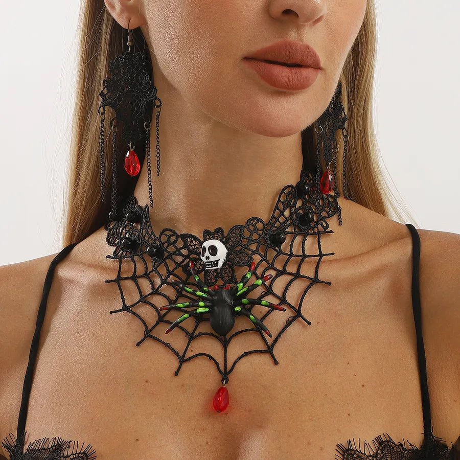 Women's Gothic Jewelry Set Black Lace Skull Spider Web Necklace Earrings