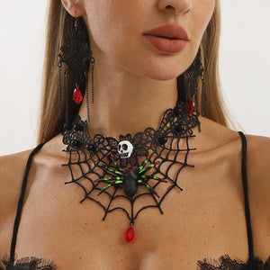 Women's Gothic Jewelry Set Black Lace Skull Spider Web Necklace Earrings