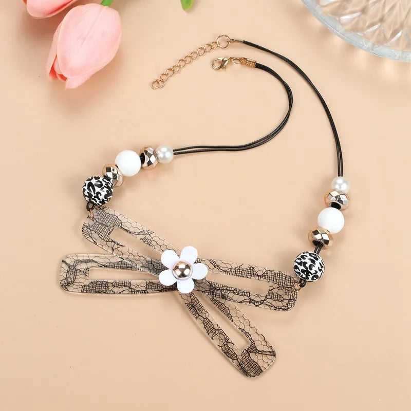 Women's Bow Tie Pendant Necklace Black Acrylic Handmade