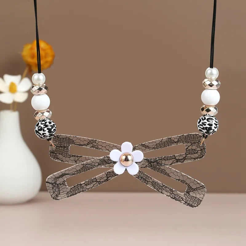 Women's Bow Tie Pendant Necklace Black Acrylic Handmade