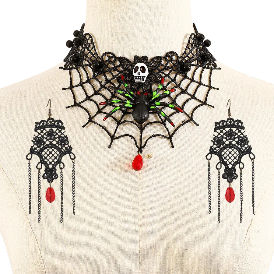 Women's Gothic Jewelry Set Black Lace Skull Spider Web Necklace Earrings