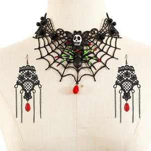 Women's Gothic Jewelry Set Black Lace Skull Spider Web Necklace Earrings