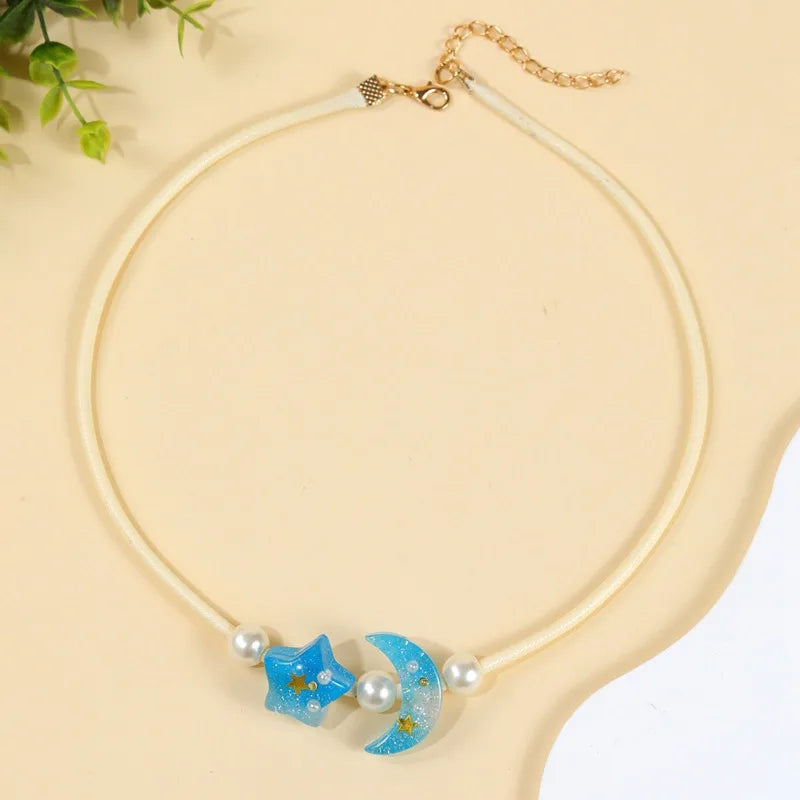 Women's Pendant Necklace Blue Beaded Chain with Star and Moon