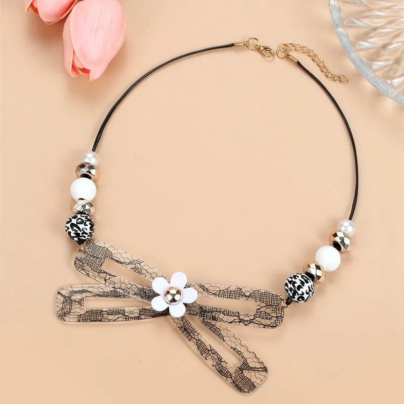 Women's Bow Tie Pendant Necklace Black Acrylic Handmade