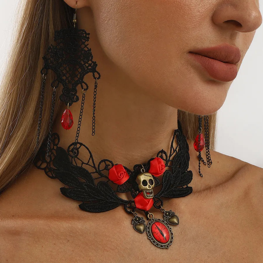 Women's Earrings Black Lace Crystal Floral Jewelry Set