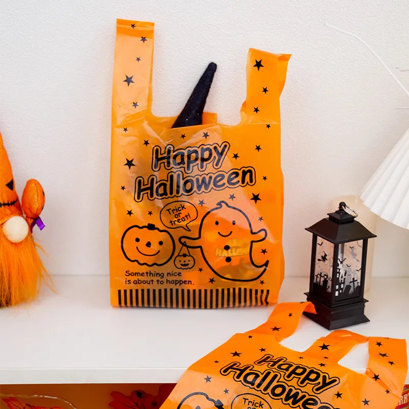 Halloween Treat Bags Pumpkin Shaped Plastic 50pcs for Candy and Snacks