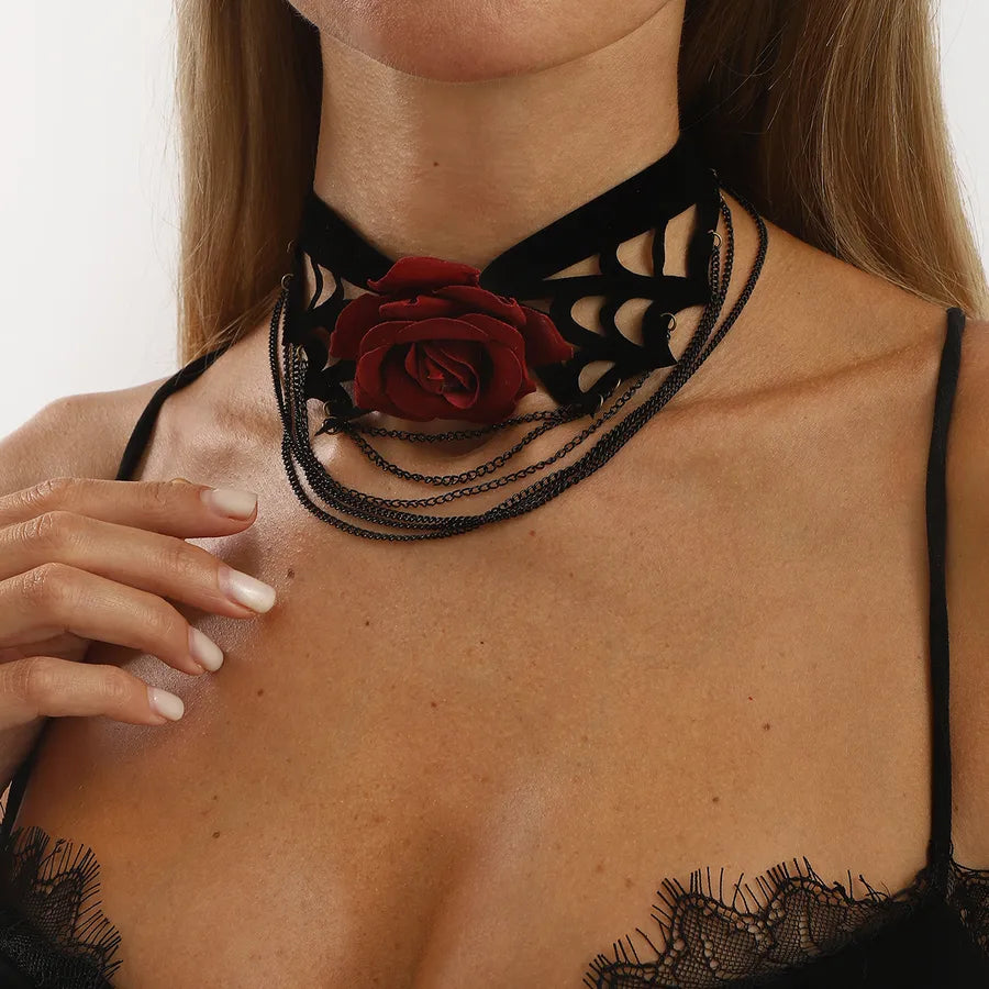 Women's Multi-Layer Necklace Black Cloth Bohemian Rose Pattern