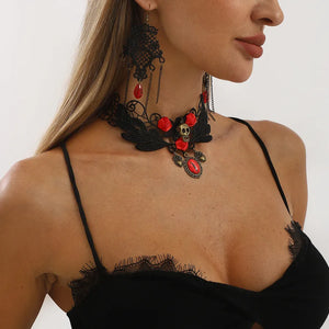 Women's Earrings Black Lace Crystal Floral Jewelry Set