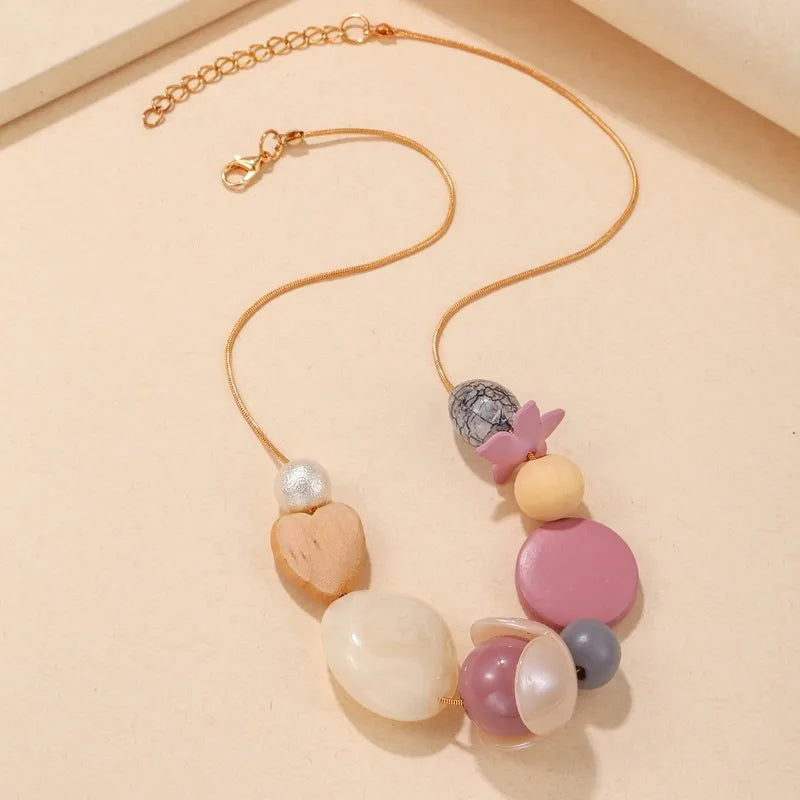 Women's Necklace Brown Wood Geometric Heart Pendant Retro