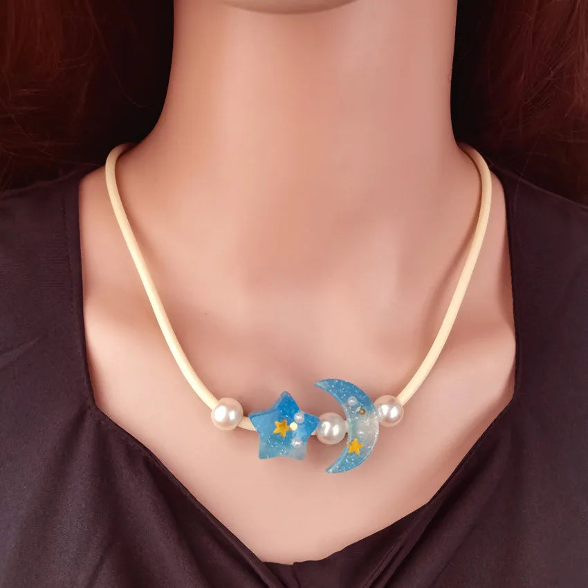 Women's Pendant Necklace Blue Beaded Chain with Star and Moon