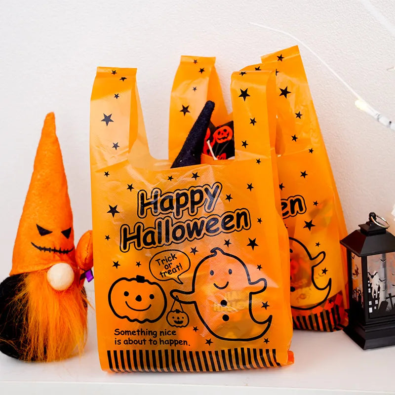 Halloween Treat Bags Pumpkin Shaped Plastic 50pcs for Candy and Snacks