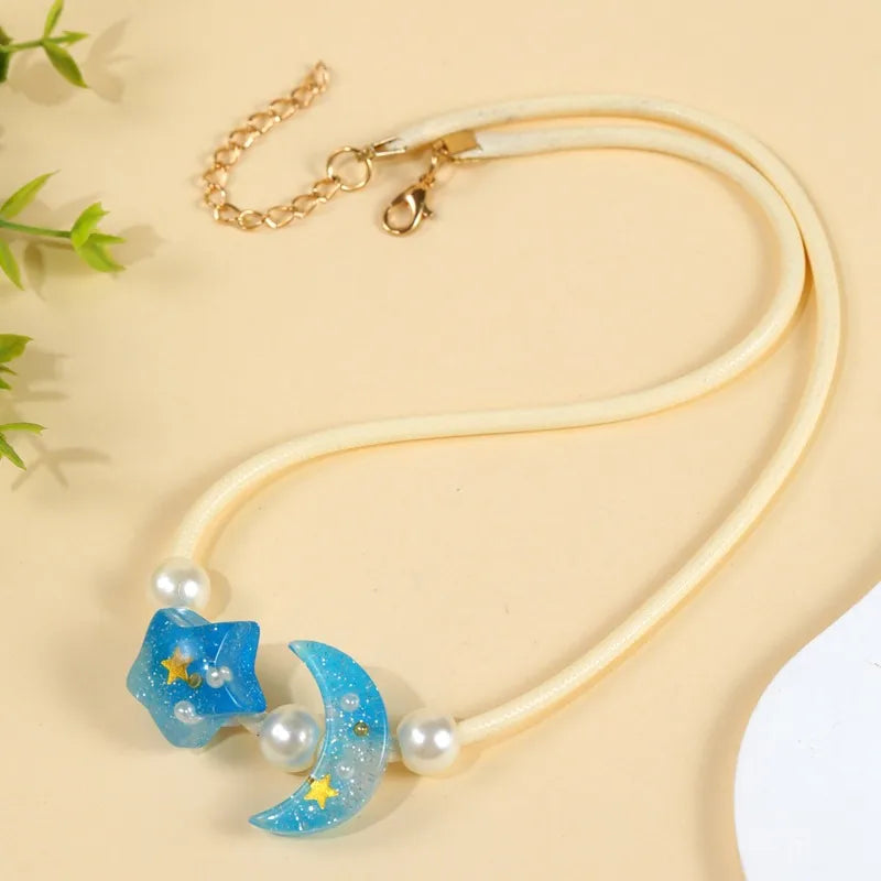 Women's Pendant Necklace Blue Beaded Chain with Star and Moon