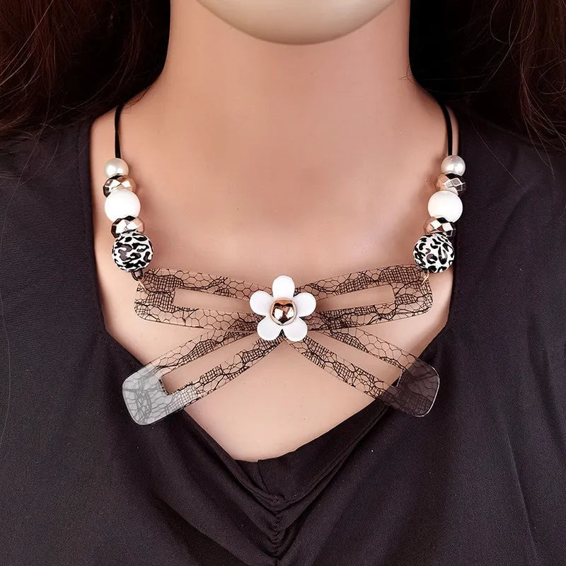 Women's Bow Tie Pendant Necklace Black Acrylic Handmade