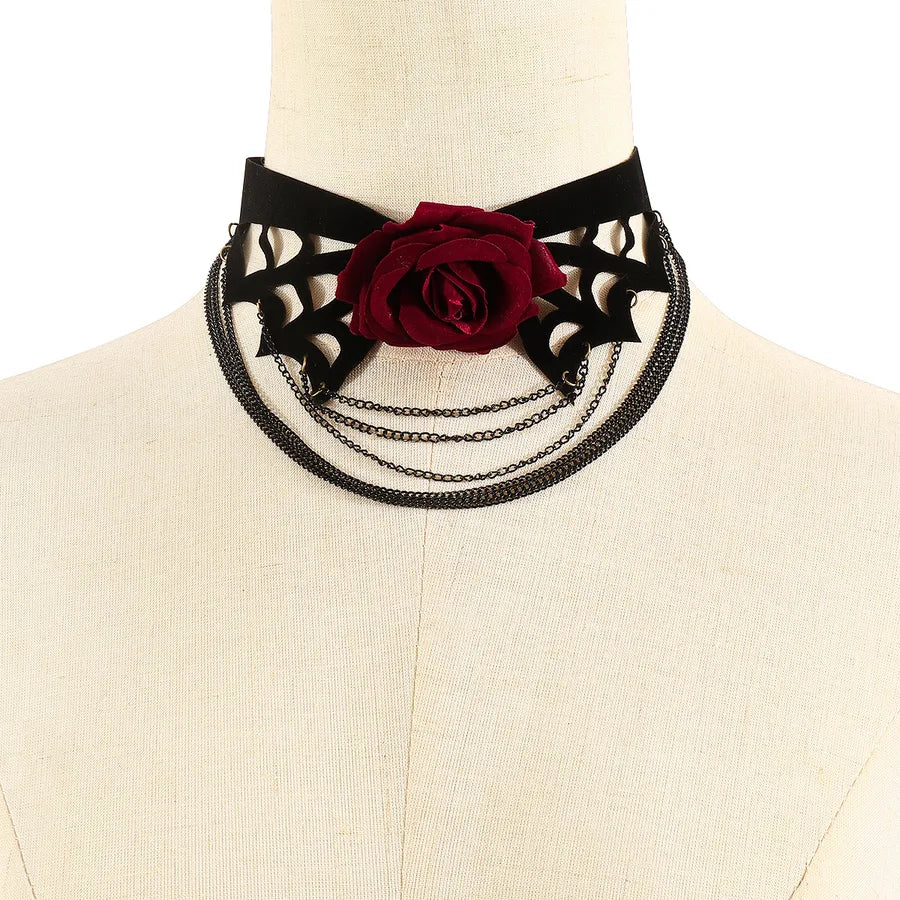 Women's Multi-Layer Necklace Black Cloth Bohemian Rose Pattern