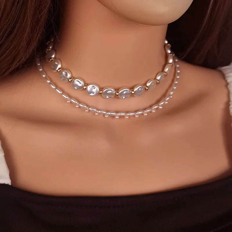 Women's Necklace Set Double Layer Pearl Beaded Geometric Design