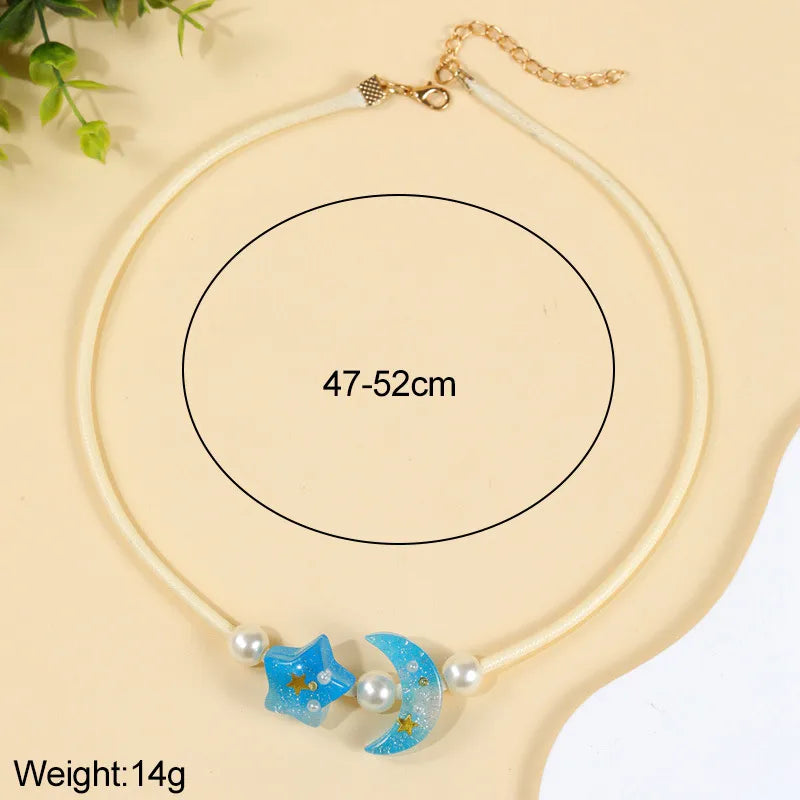Women's Pendant Necklace Blue Beaded Chain with Star and Moon