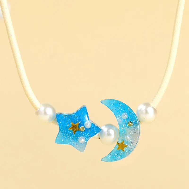 Women's Pendant Necklace Blue Beaded Chain with Star and Moon