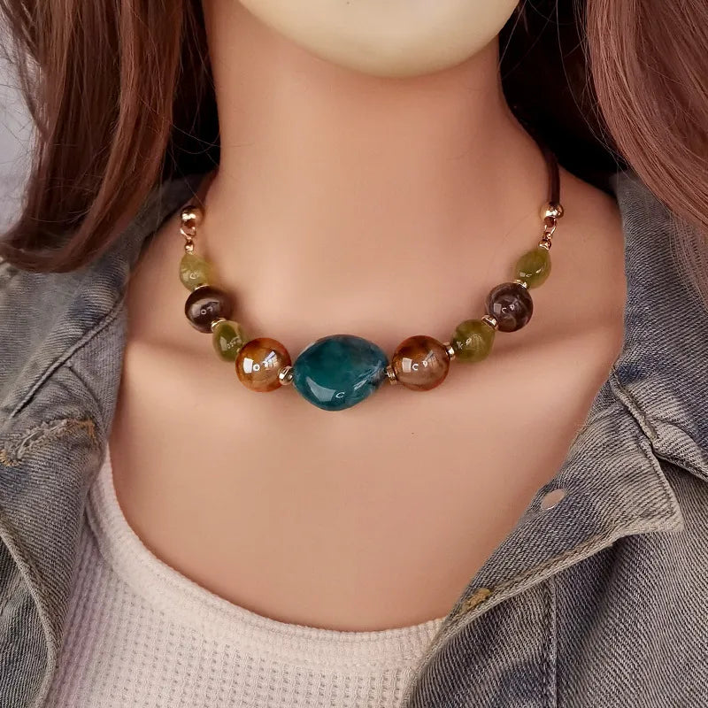 Women's Pendant Necklace Colorful Wood Acrylic Retro Geometric Design