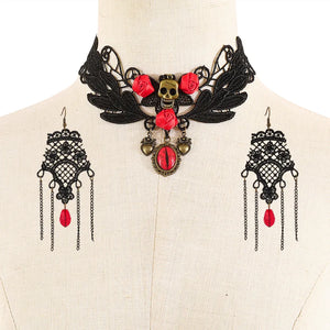 Women's Earrings Black Lace Crystal Floral Jewelry Set