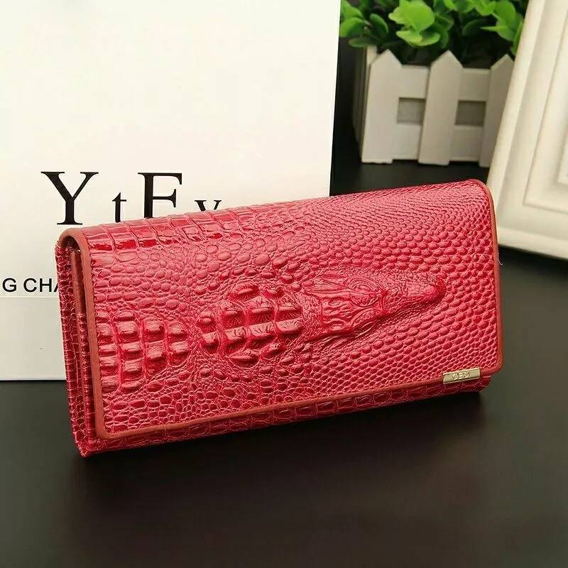 Women's Wallet Black Compact Genuine Leather Crocodile Pattern