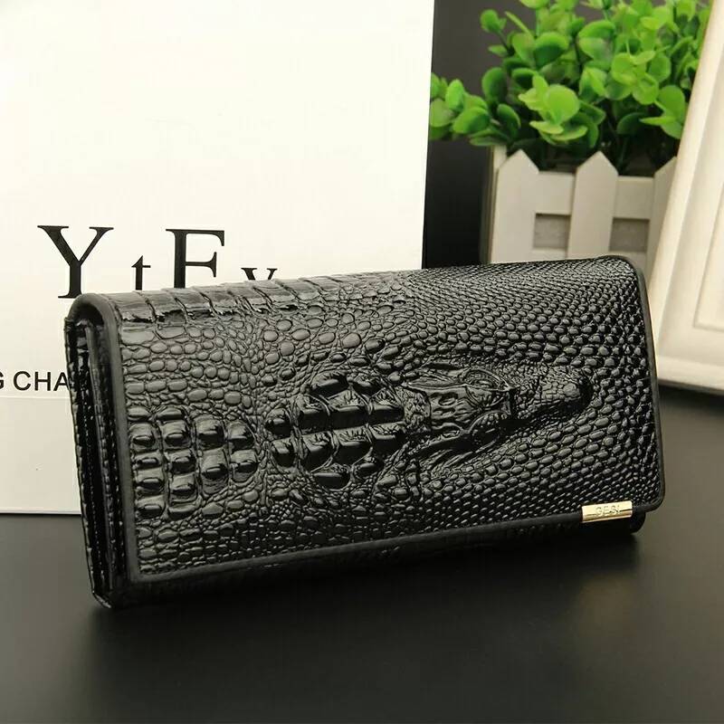 Women's Wallet Black Compact Genuine Leather Crocodile Pattern