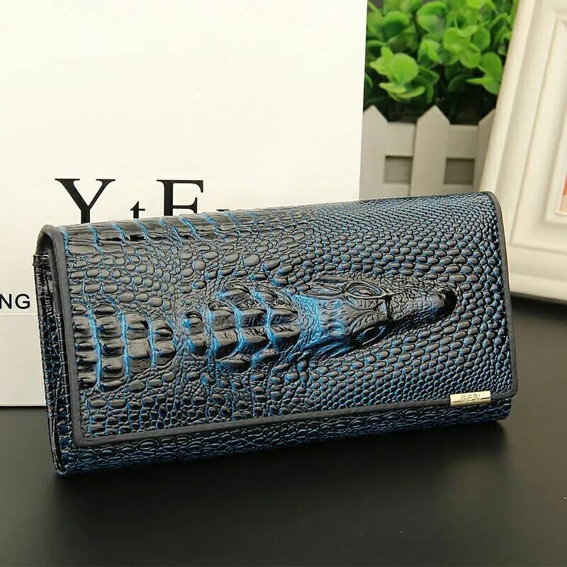 Women's Wallet Black Compact Genuine Leather Crocodile Pattern