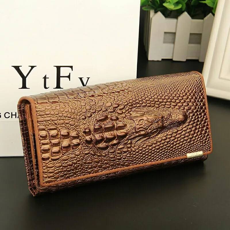 Women's Wallet Black Compact Genuine Leather Crocodile Pattern
