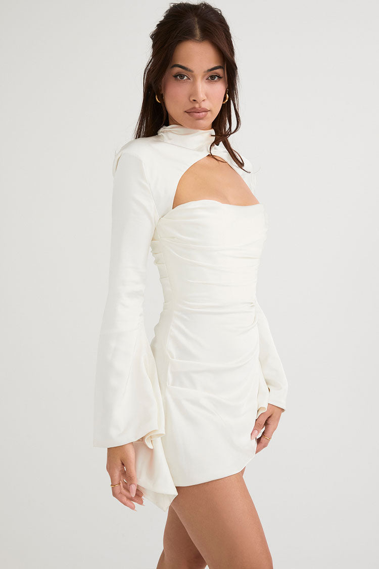 Women's Mini Dress White Cotton Polyester Long Sleeve