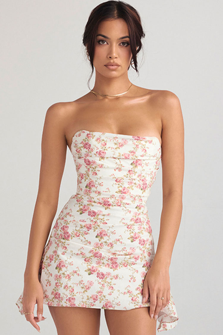 Women's Mini Dress Floral Satin Strapless Summer Cocktail